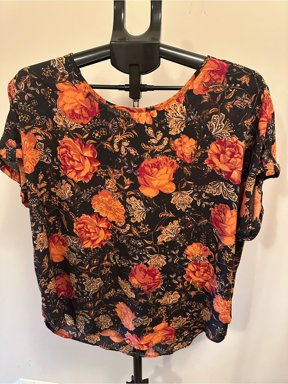 Maurices Black Short-Sleeve Floral Blouse with Orange Roses